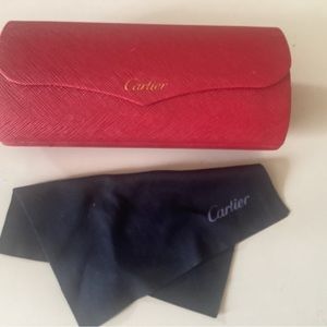 CARTIER sunglasses case, red, hard sided, cleaning cloth.
